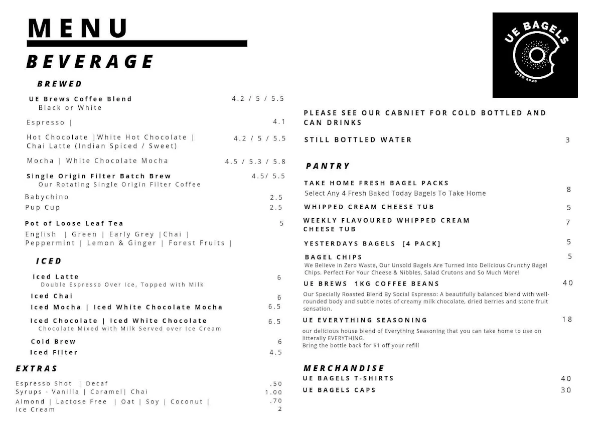 Menu, UE Bagels Palm Beach