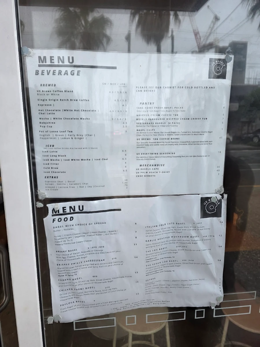 Menu, UE Bagels Palm Beach