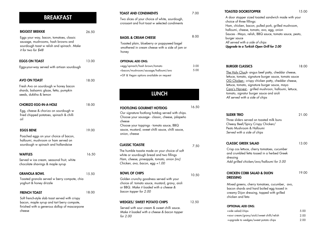 Menu, Carpenters Garden Cafe