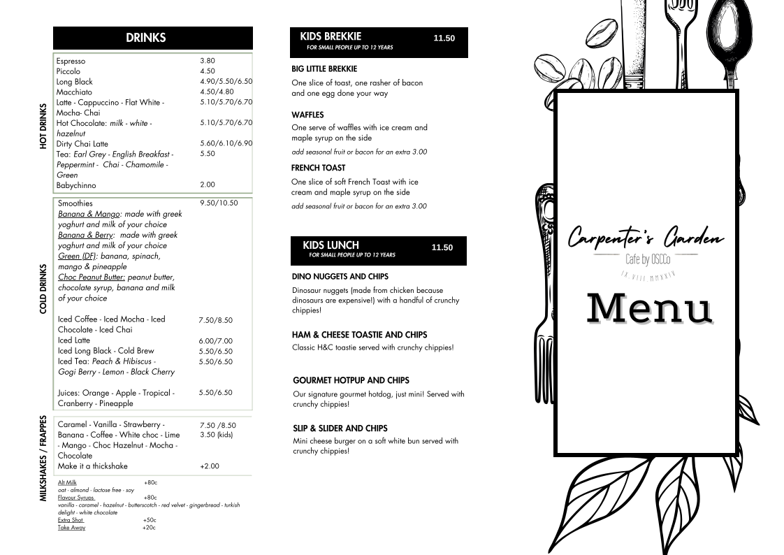 Menu, Carpenters Garden Cafe