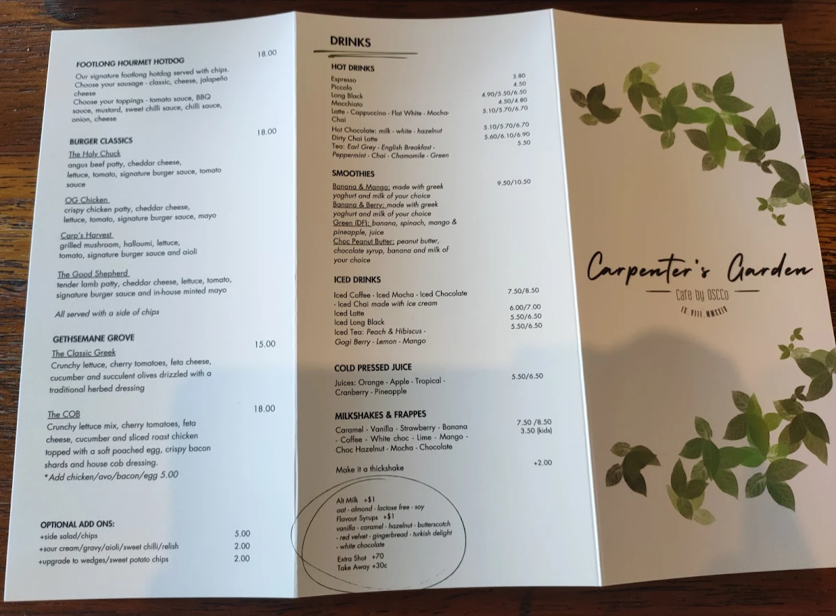 Menu, Carpenters Garden Cafe