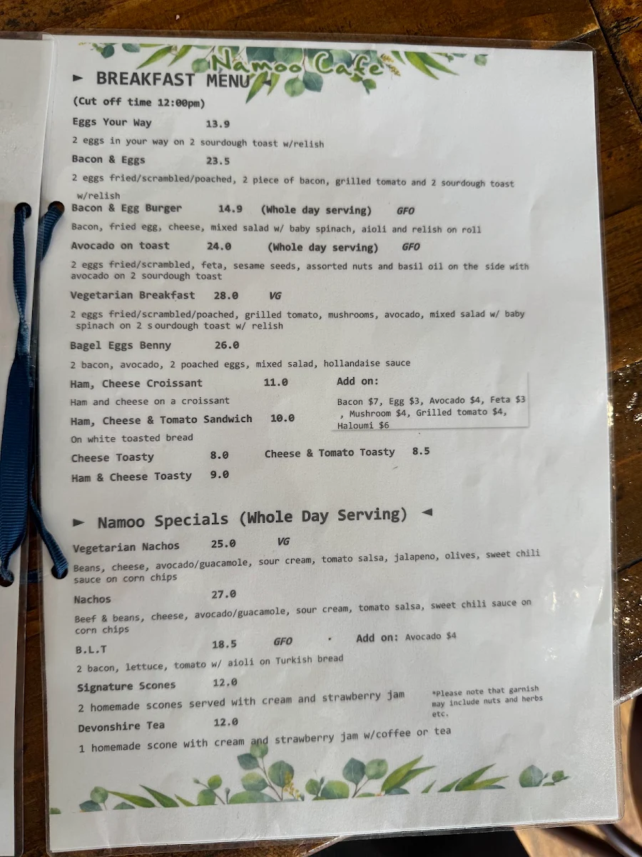Menu, NaMoo Cafe