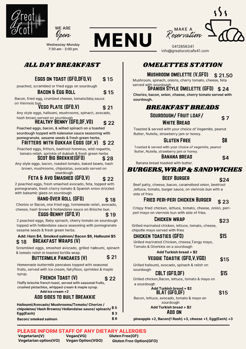 Menu, Great Scot Cafe