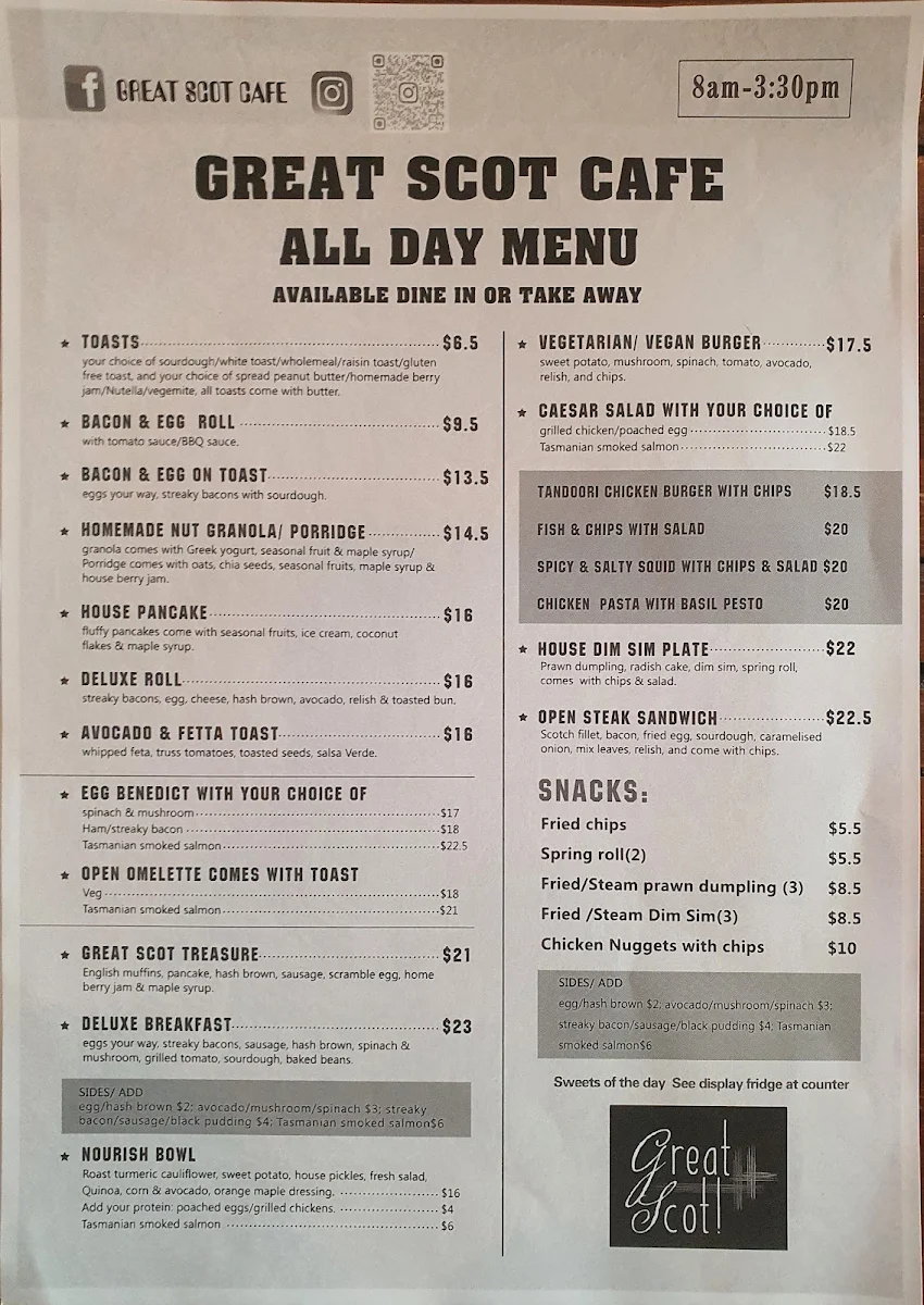 Menu, Great Scot Cafe