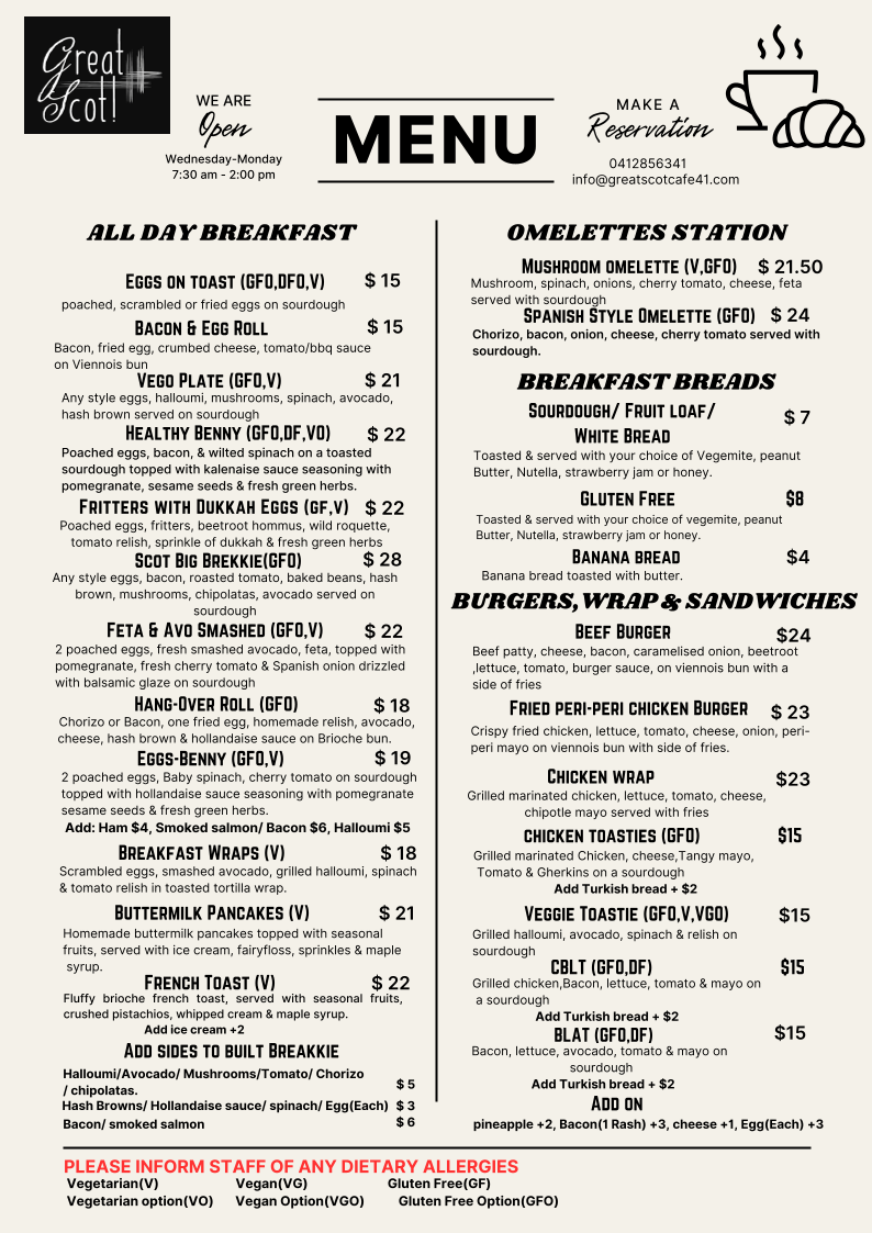 Menu, Great Scot Cafe