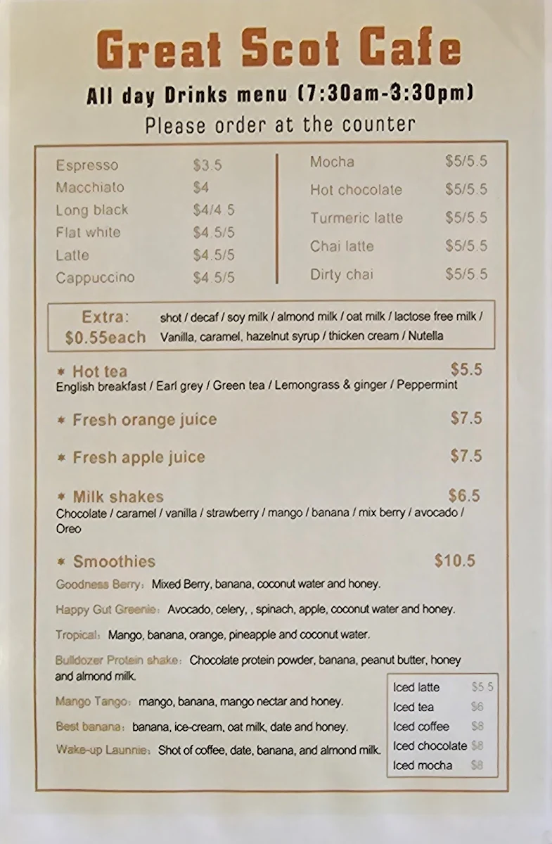 Menu, Great Scot Cafe