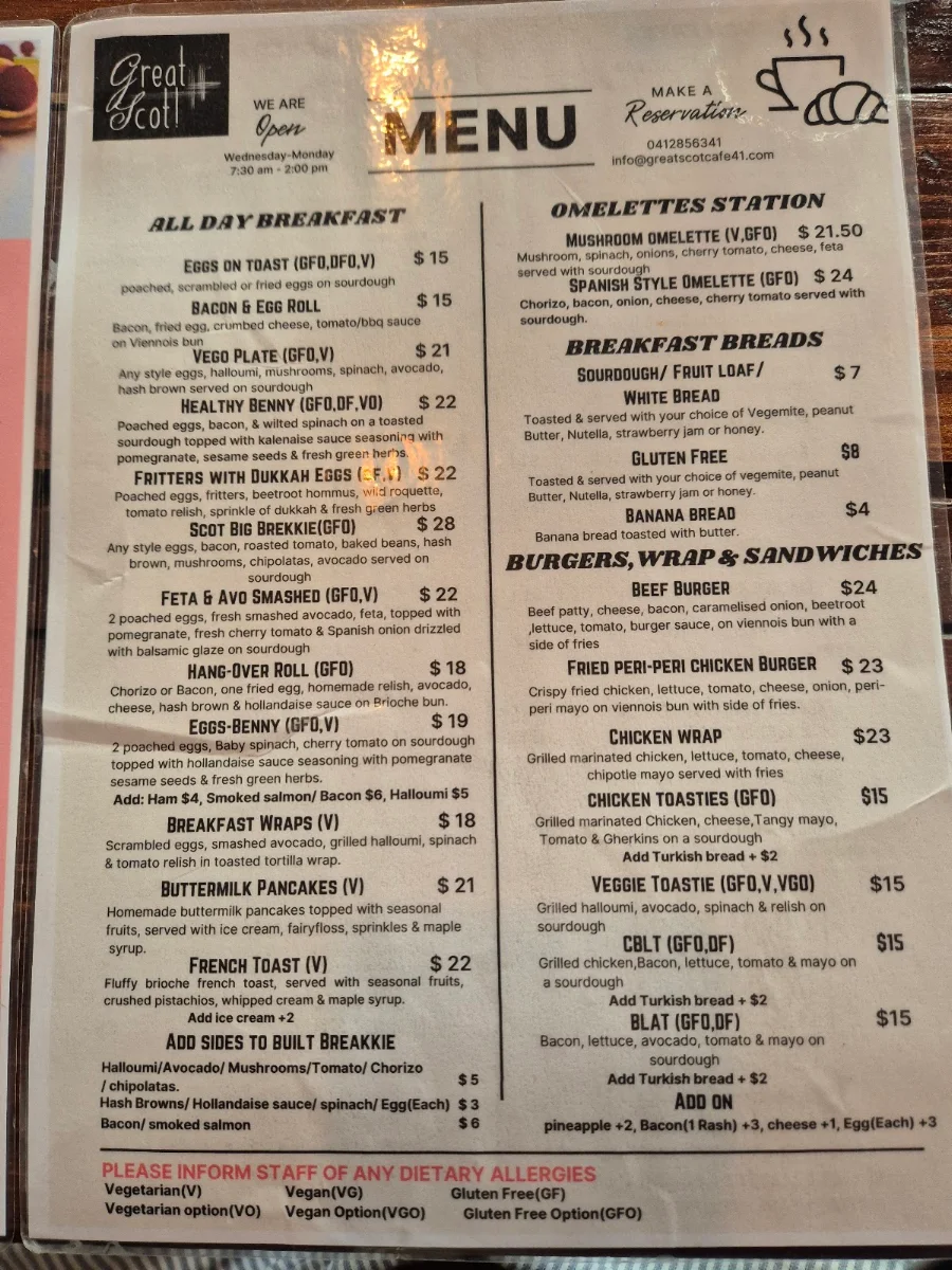 Menu, Great Scot Cafe