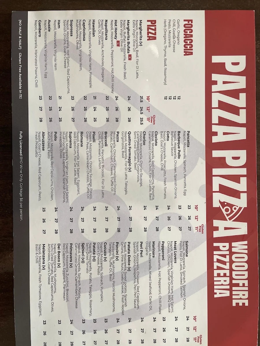 Menu, Pazza Pizza