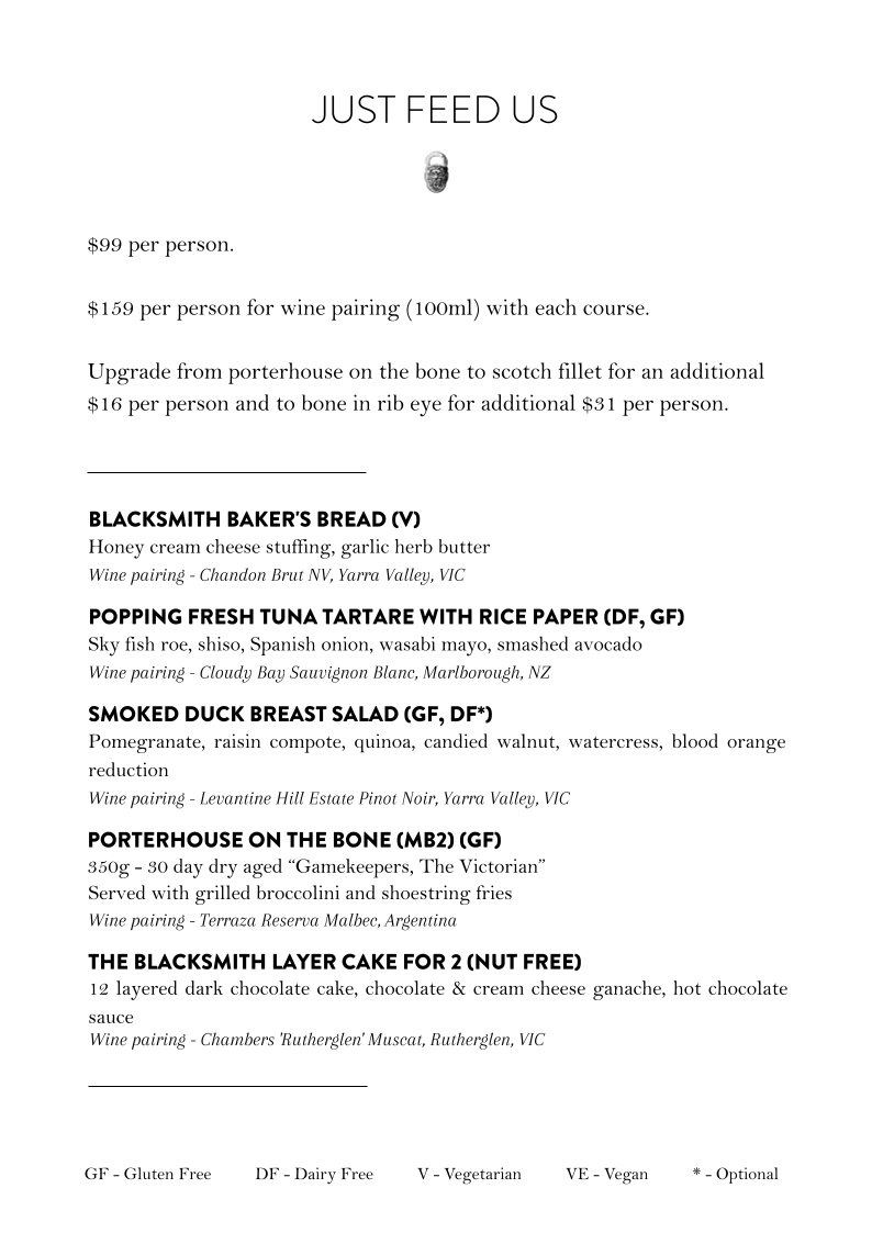 Menu, Blacksmith Bar & Grill