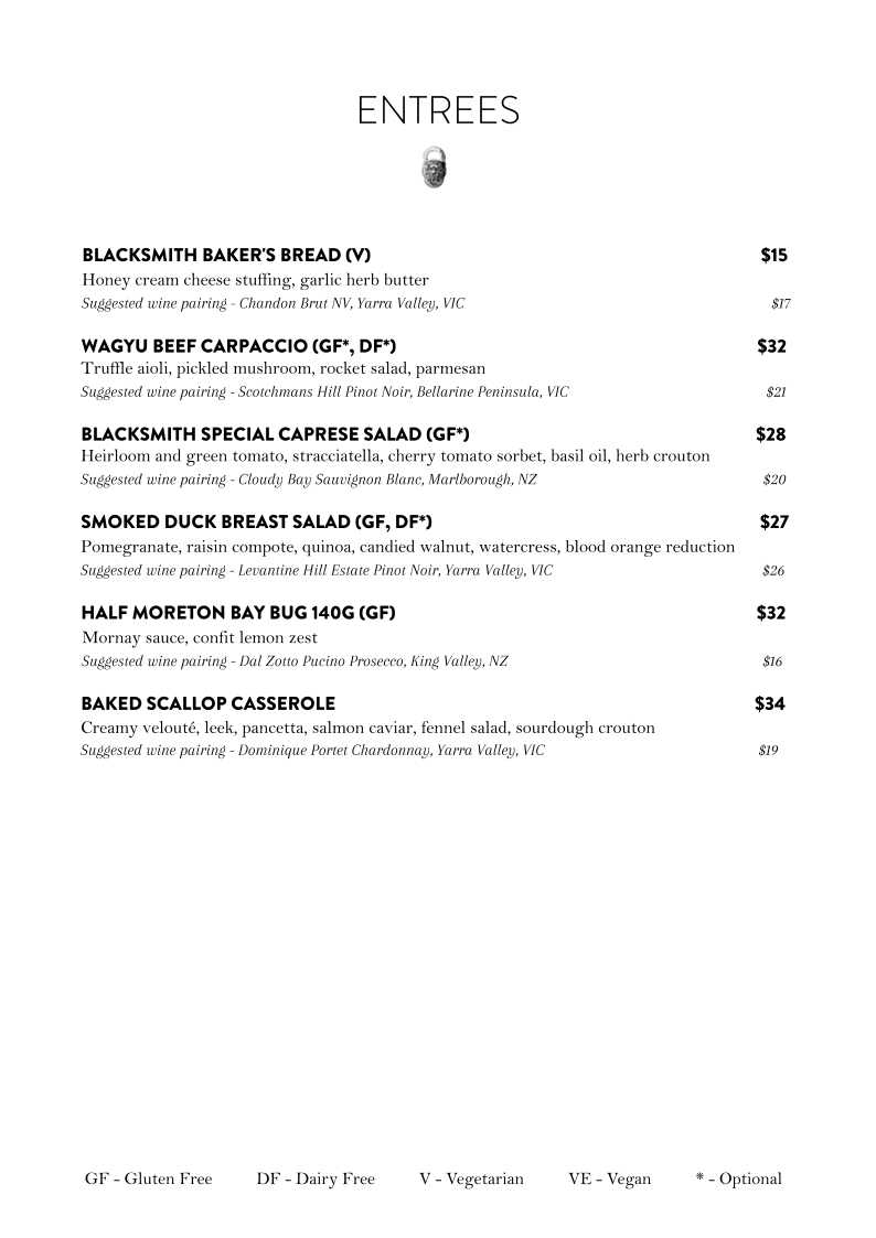 Menu, Blacksmith Bar & Grill
