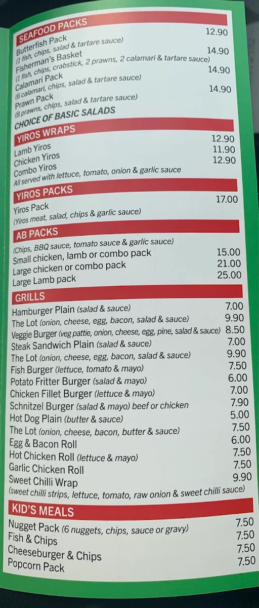 Menu, Angle Vale Chicken & Seafood
