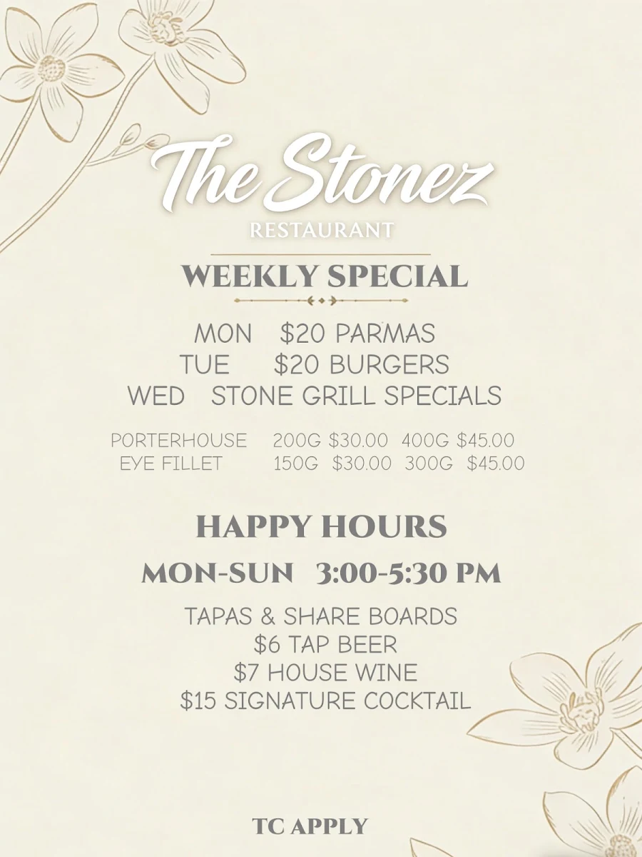 Menu, THE STONEZ RESTAURANT