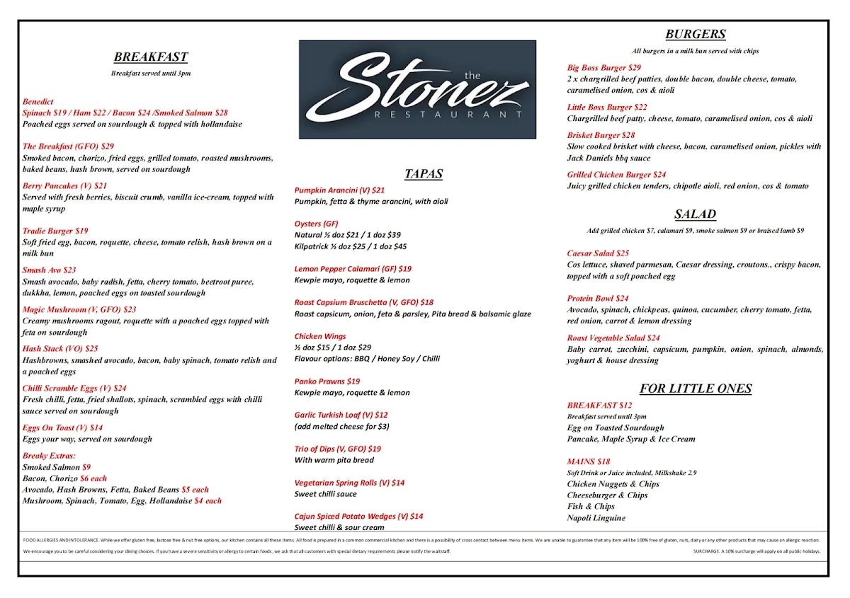 Menu, THE STONEZ RESTAURANT
