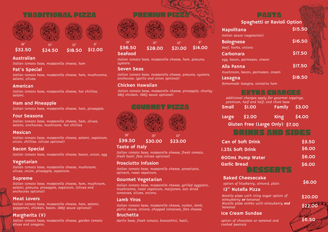 Menu, Pat's Pizza Bar