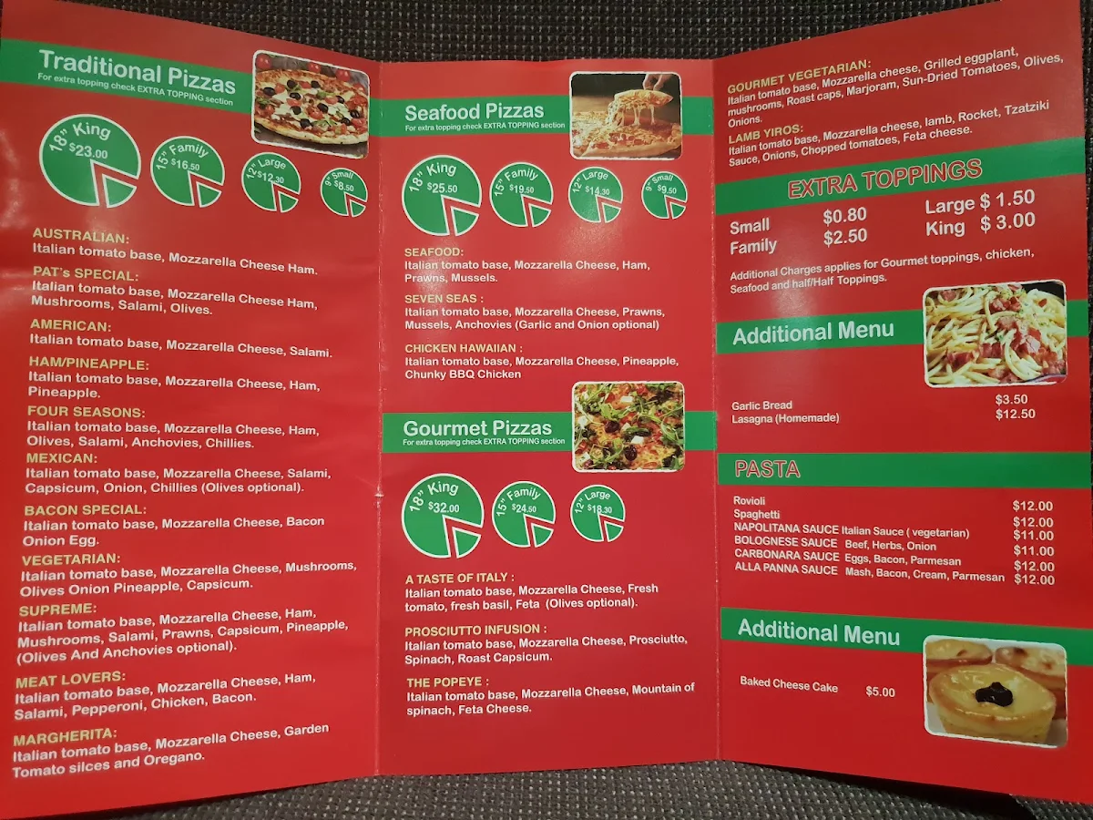 Menu, Pat's Pizza Bar