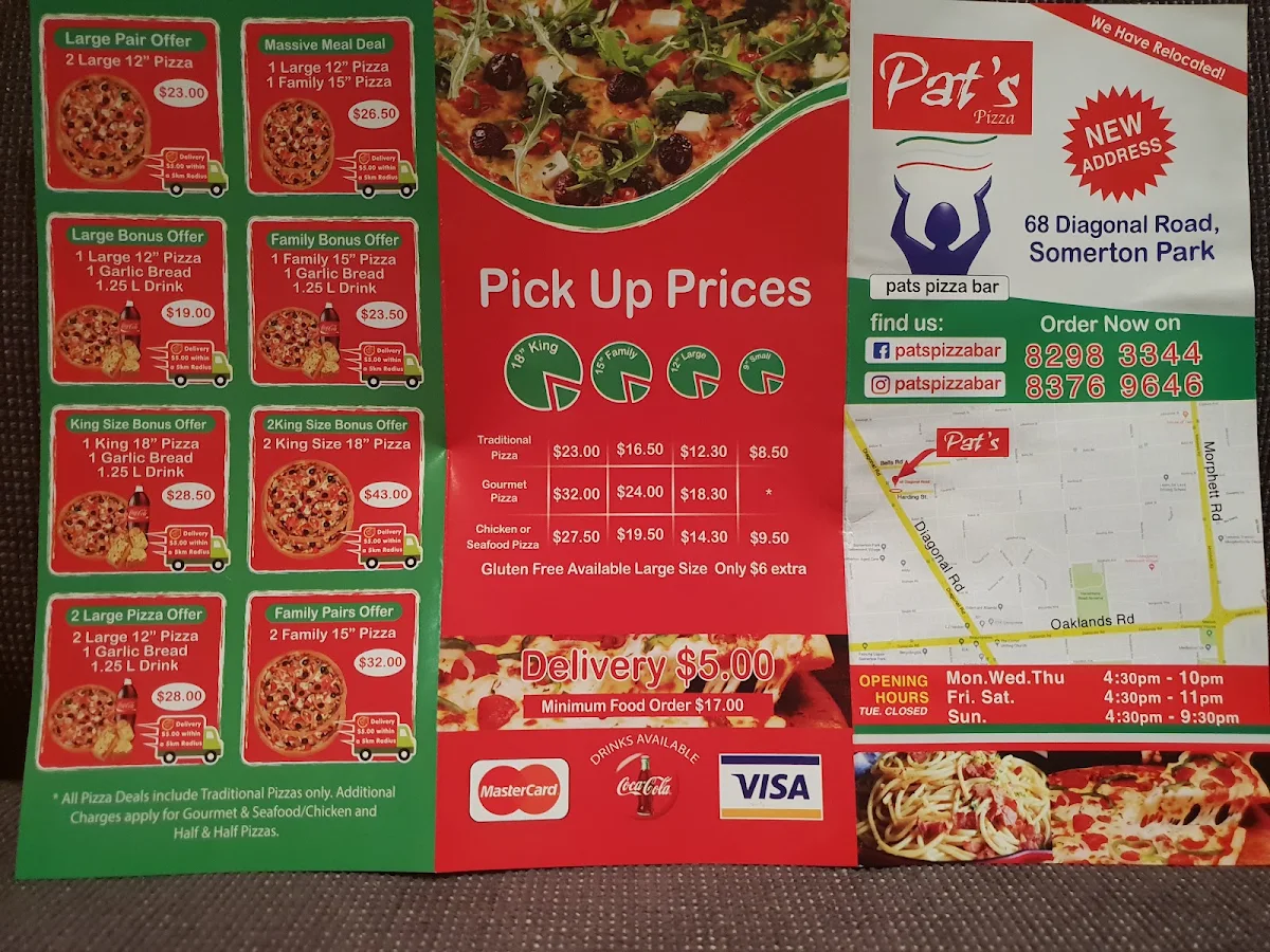 Menu, Pat's Pizza Bar