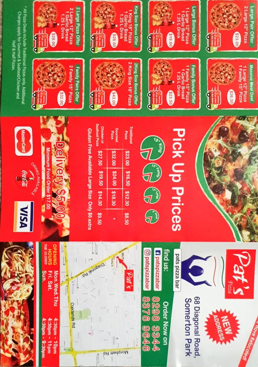 Menu, Pat's Pizza Bar