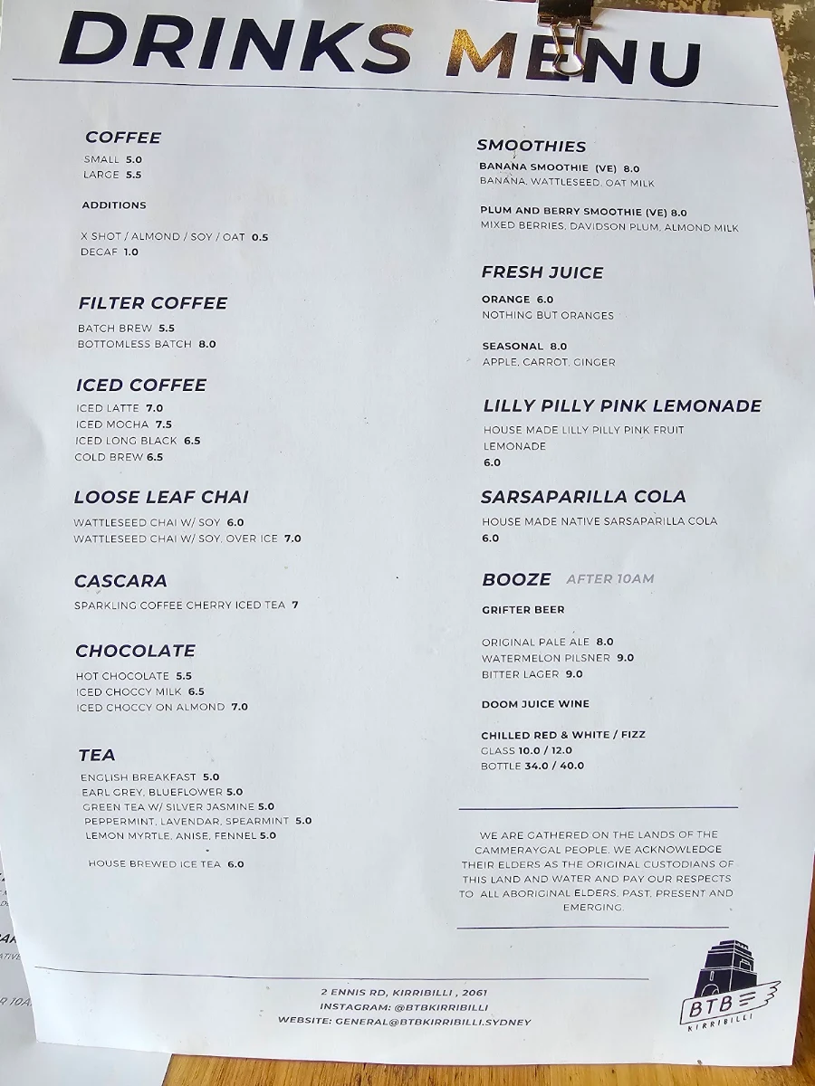 Menu, BTB Kirribilli