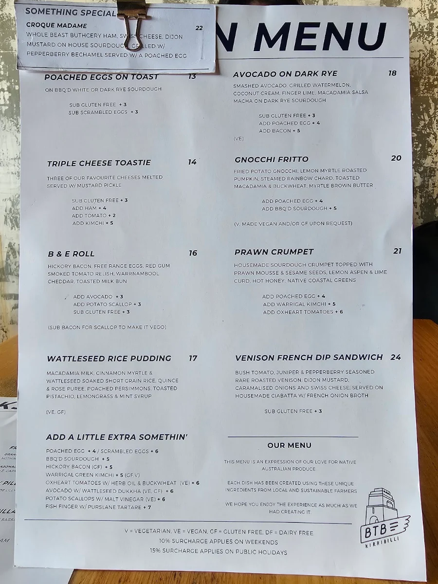 Menu, BTB Kirribilli