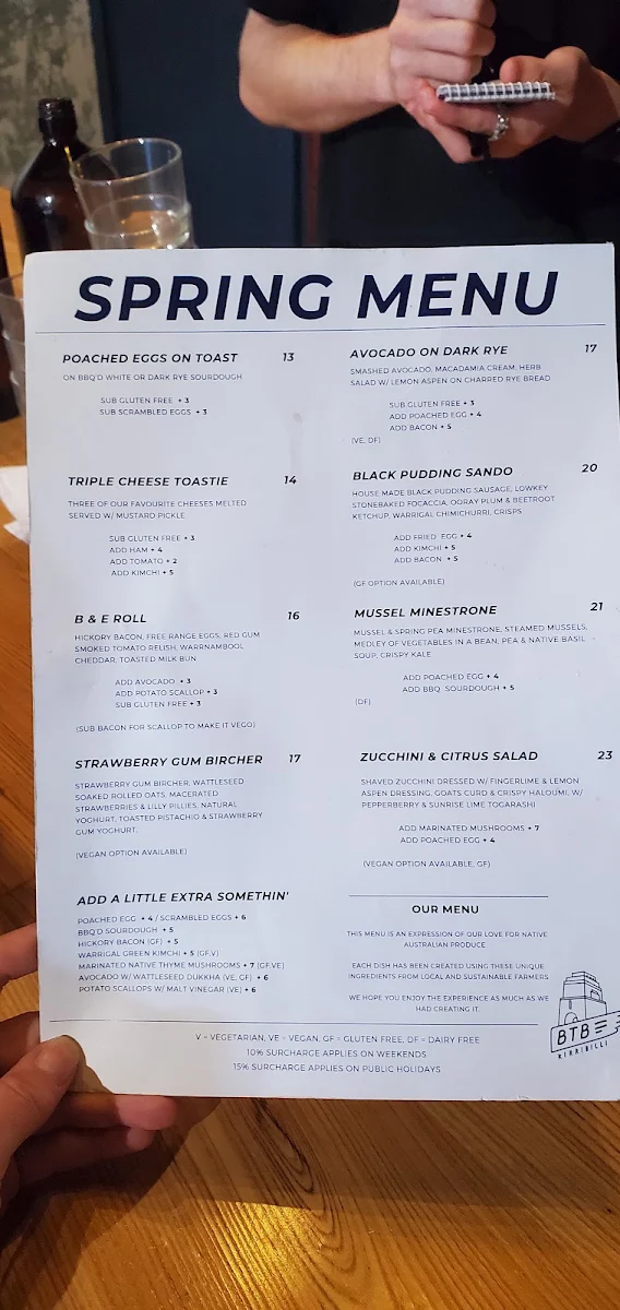 Menu, BTB Kirribilli