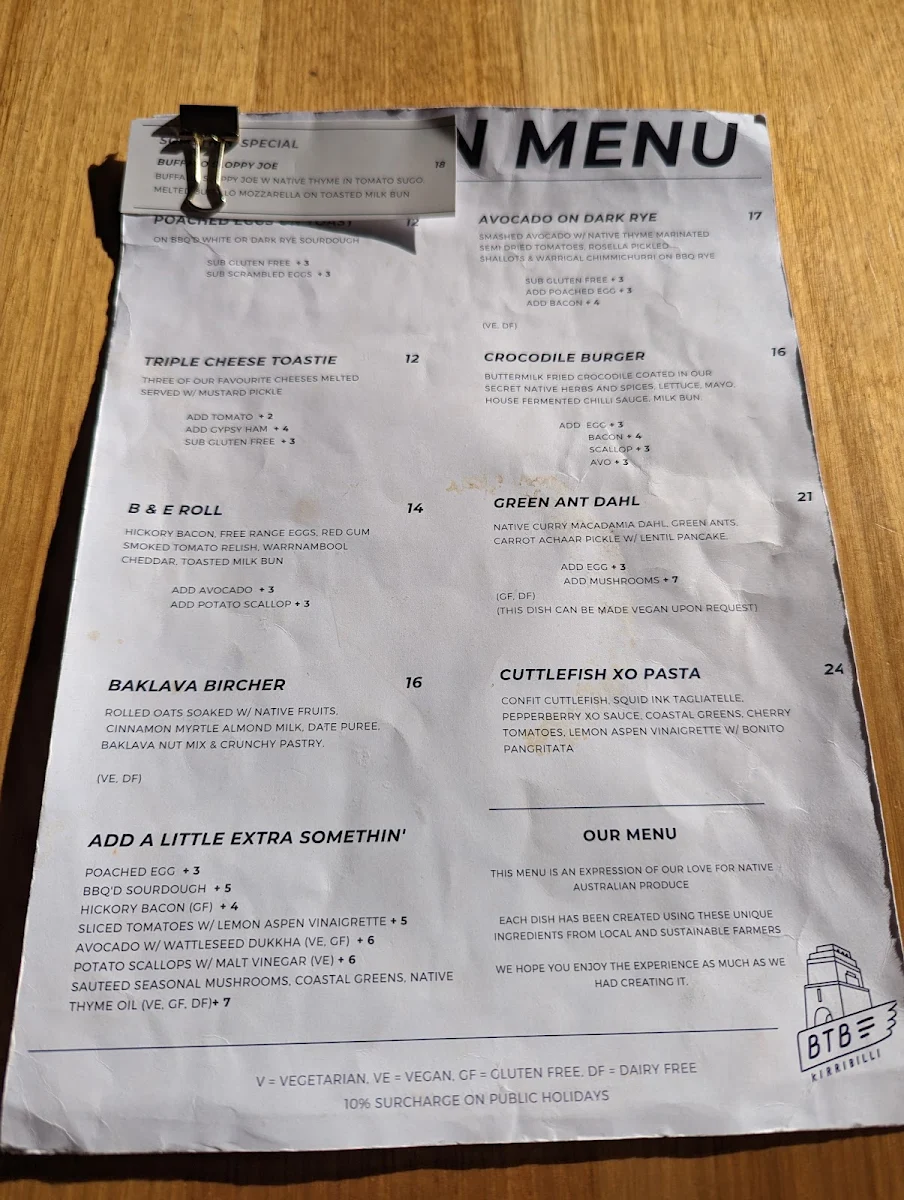 Menu, BTB Kirribilli