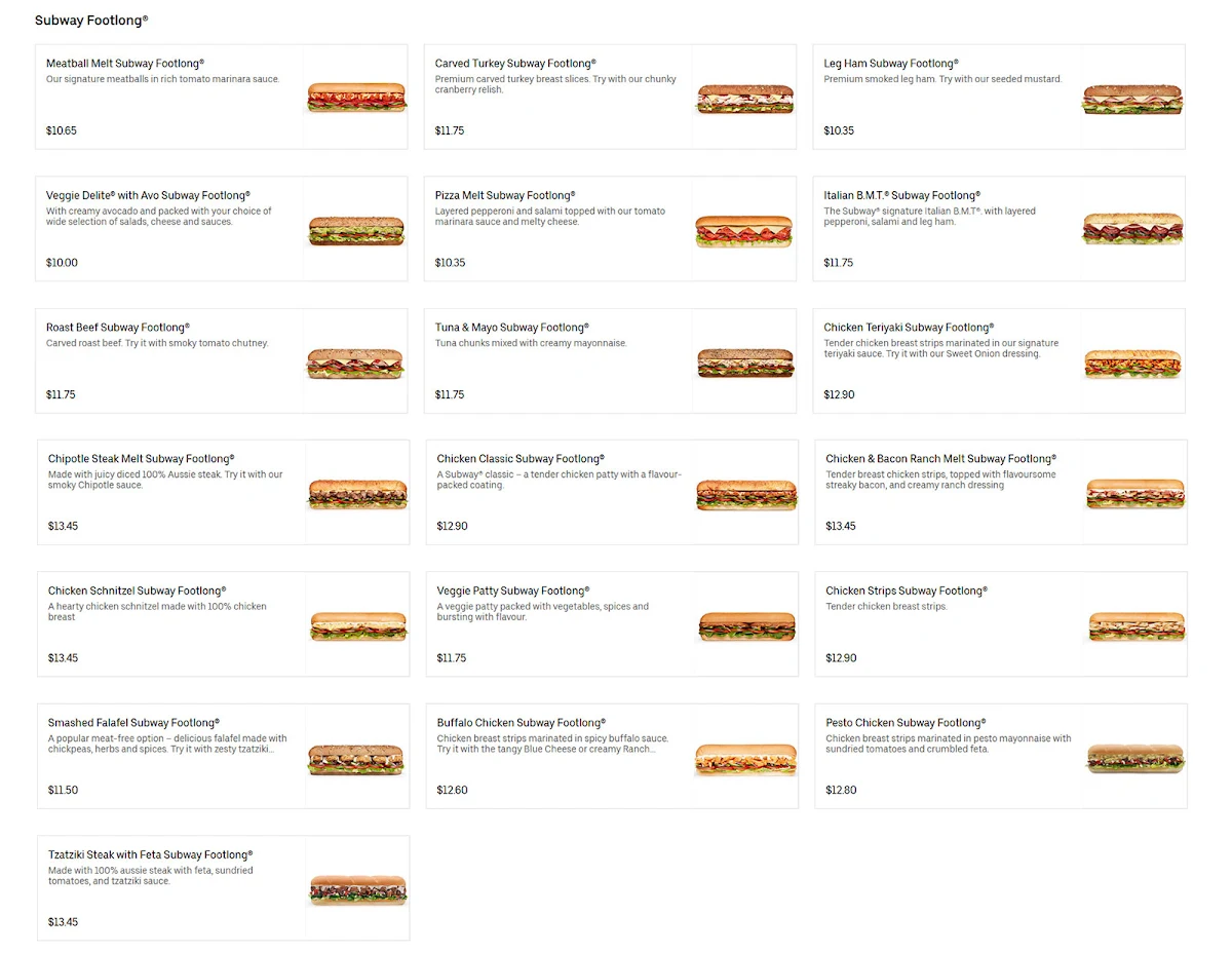 Menu, Subway