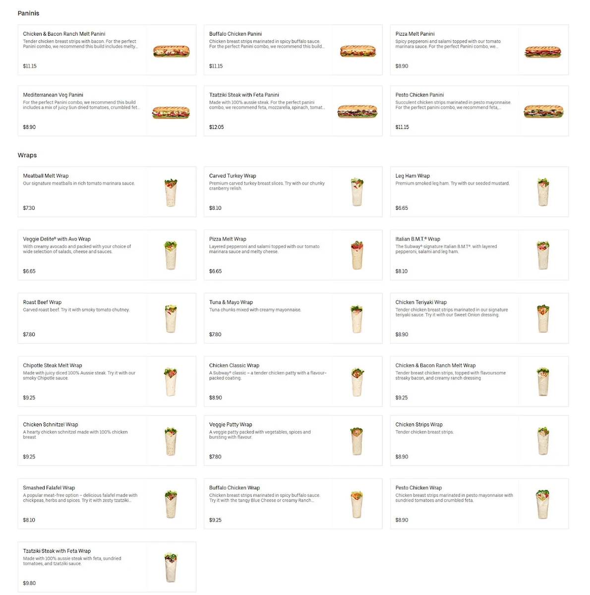 Menu, Subway