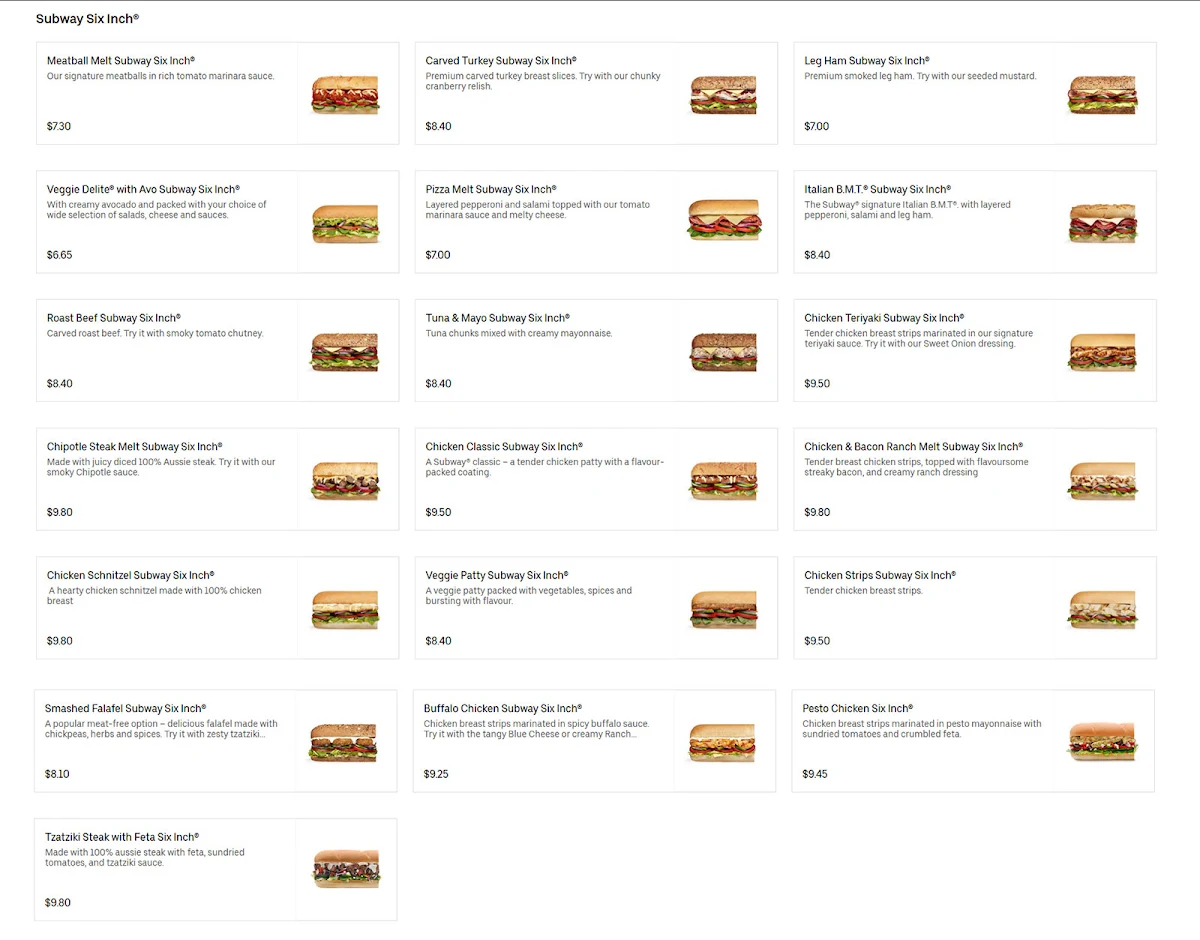 Menu, Subway
