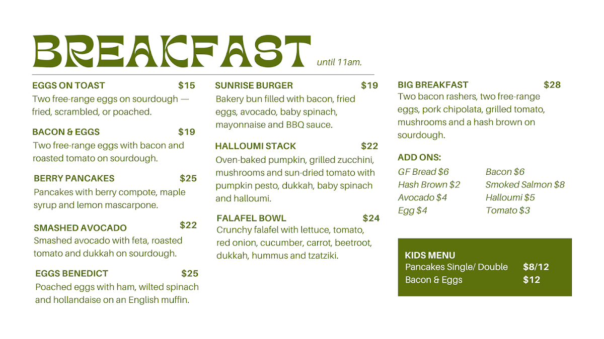 Menu, Cafe Noosa
