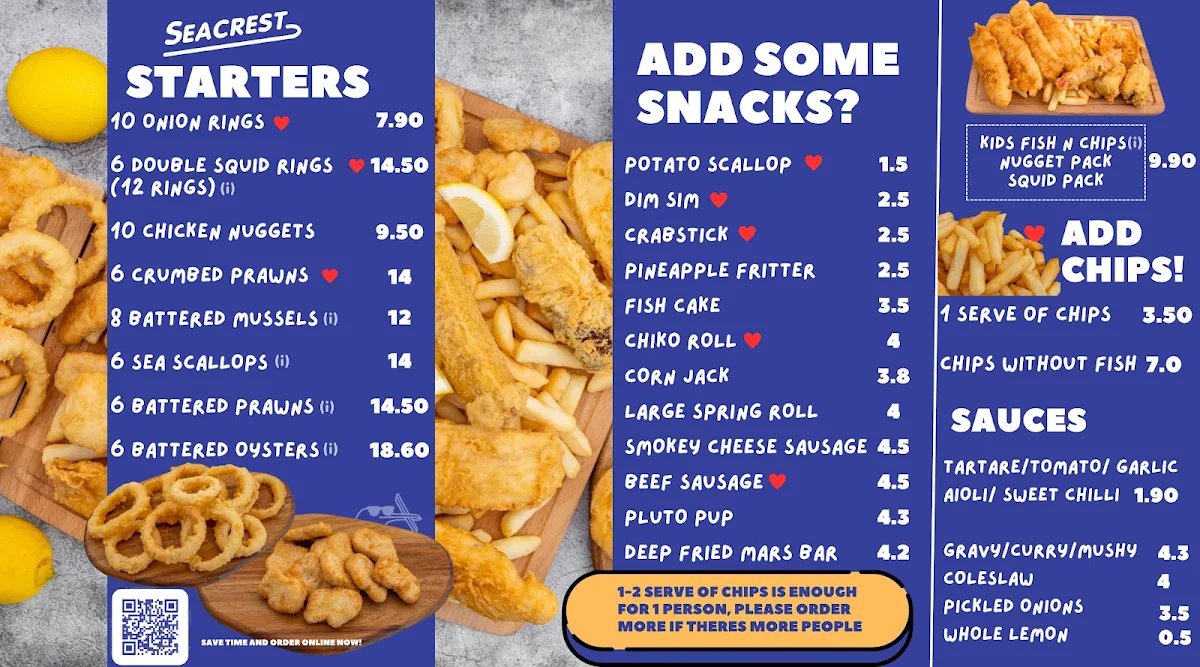 Menu, Seacrest Fish & Chips