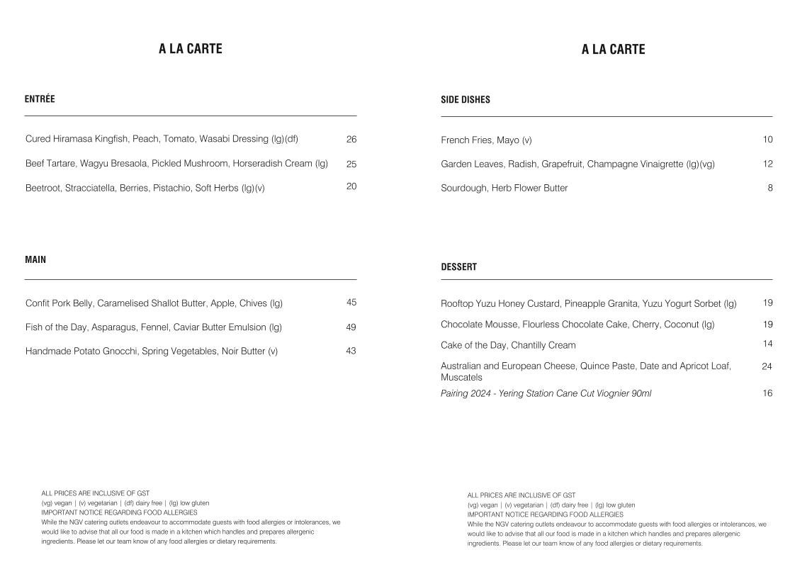 Menu, Garden Restaurant at National Gallery of Victoria