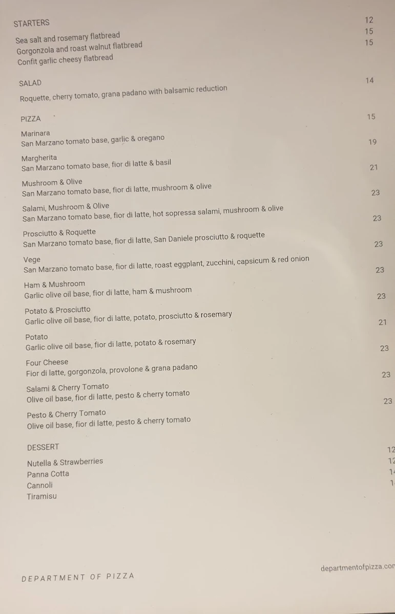 Menu, Department of Pizza
