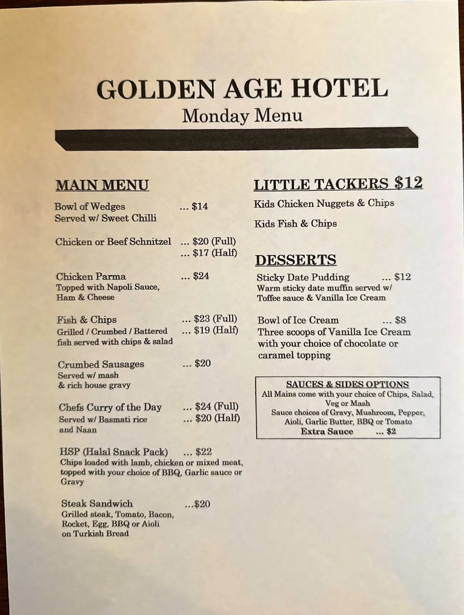 Menu, Golden Age Hotel