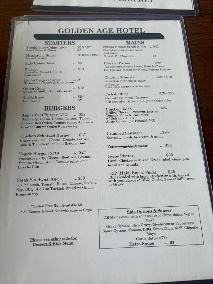 Menu, Golden Age Hotel
