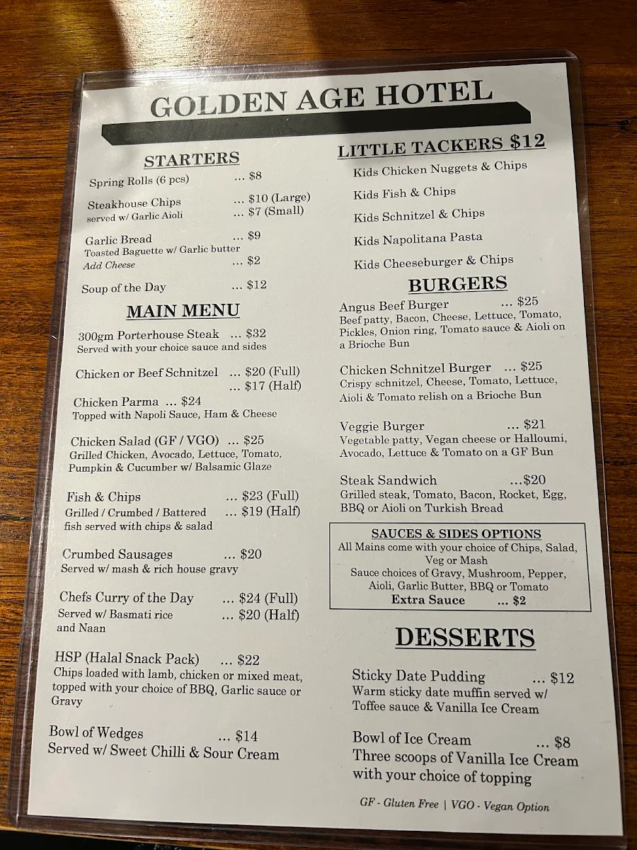 Menu, Golden Age Hotel