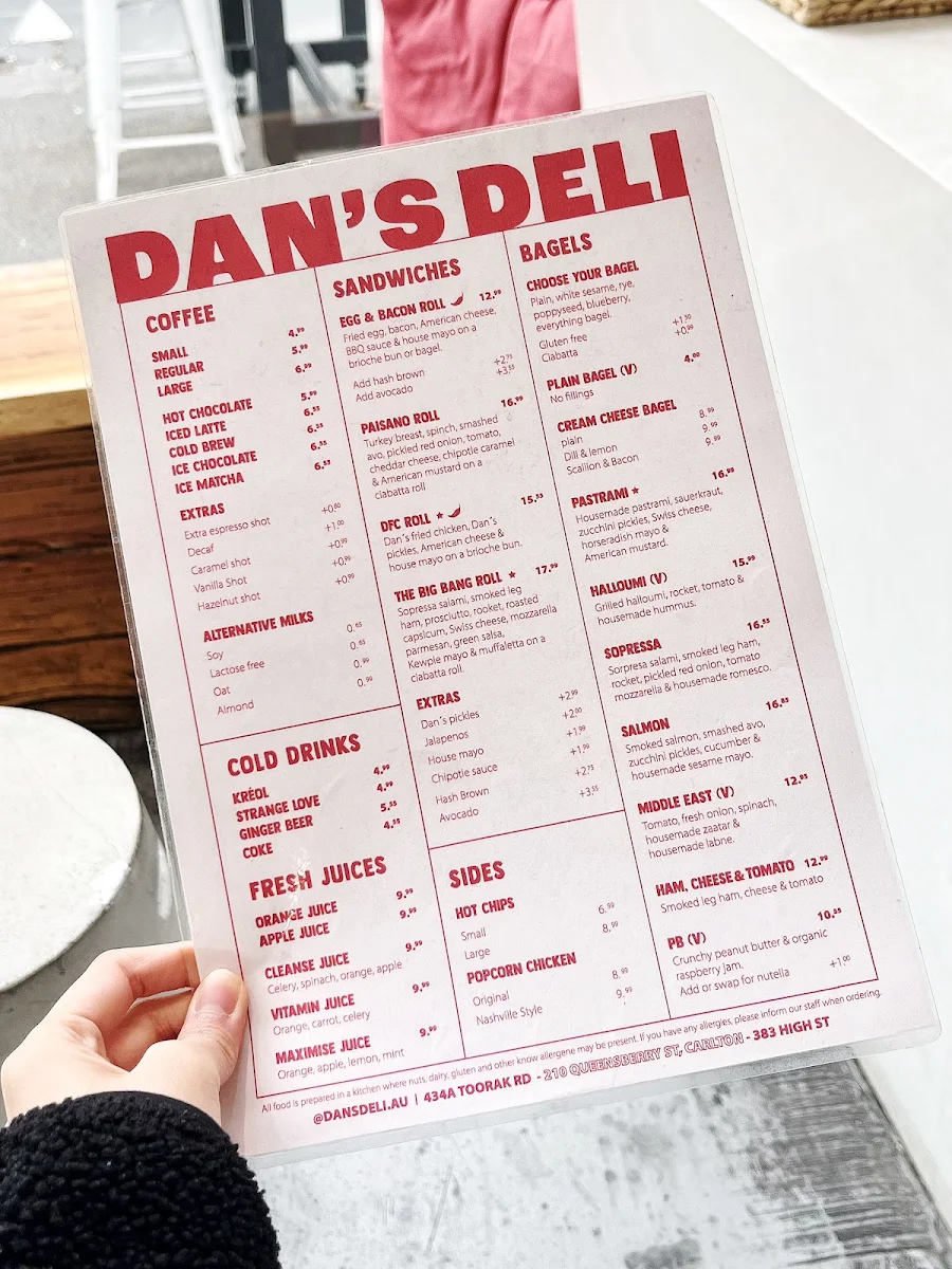 Menu, Dan's Deli