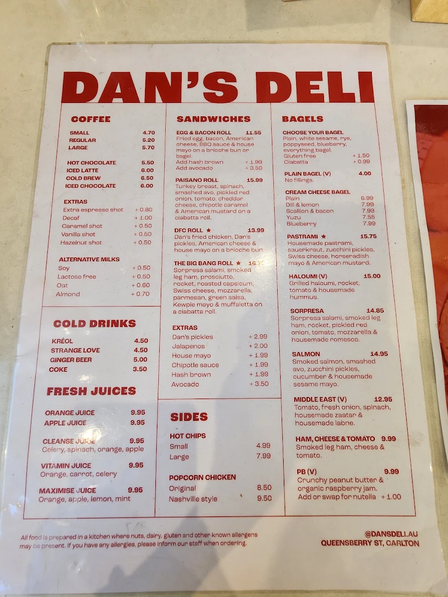 Menu, Dan's Deli