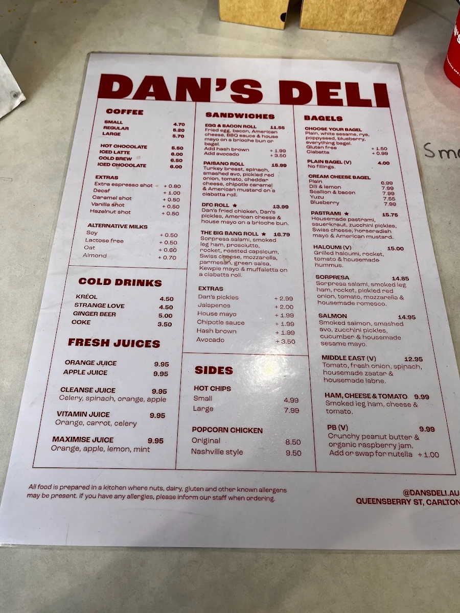 Menu, Dan's Deli