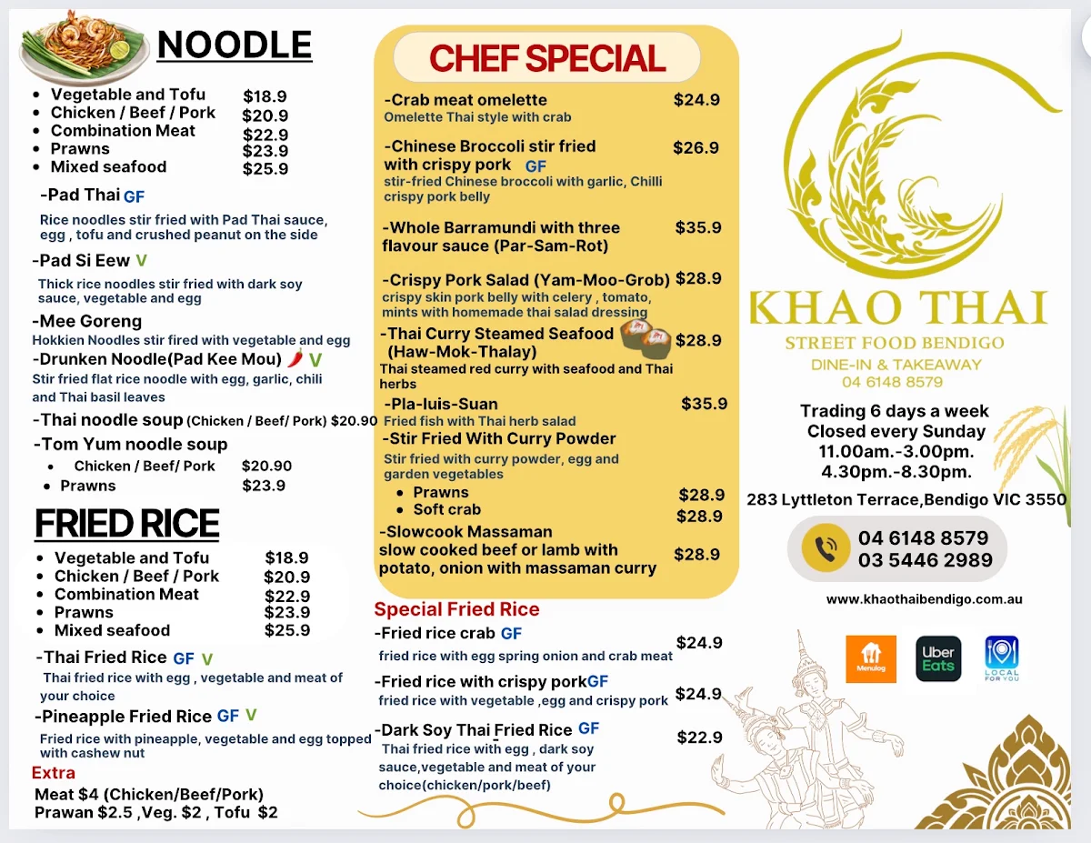 Menu, Khao Thai Street Food Bendigo