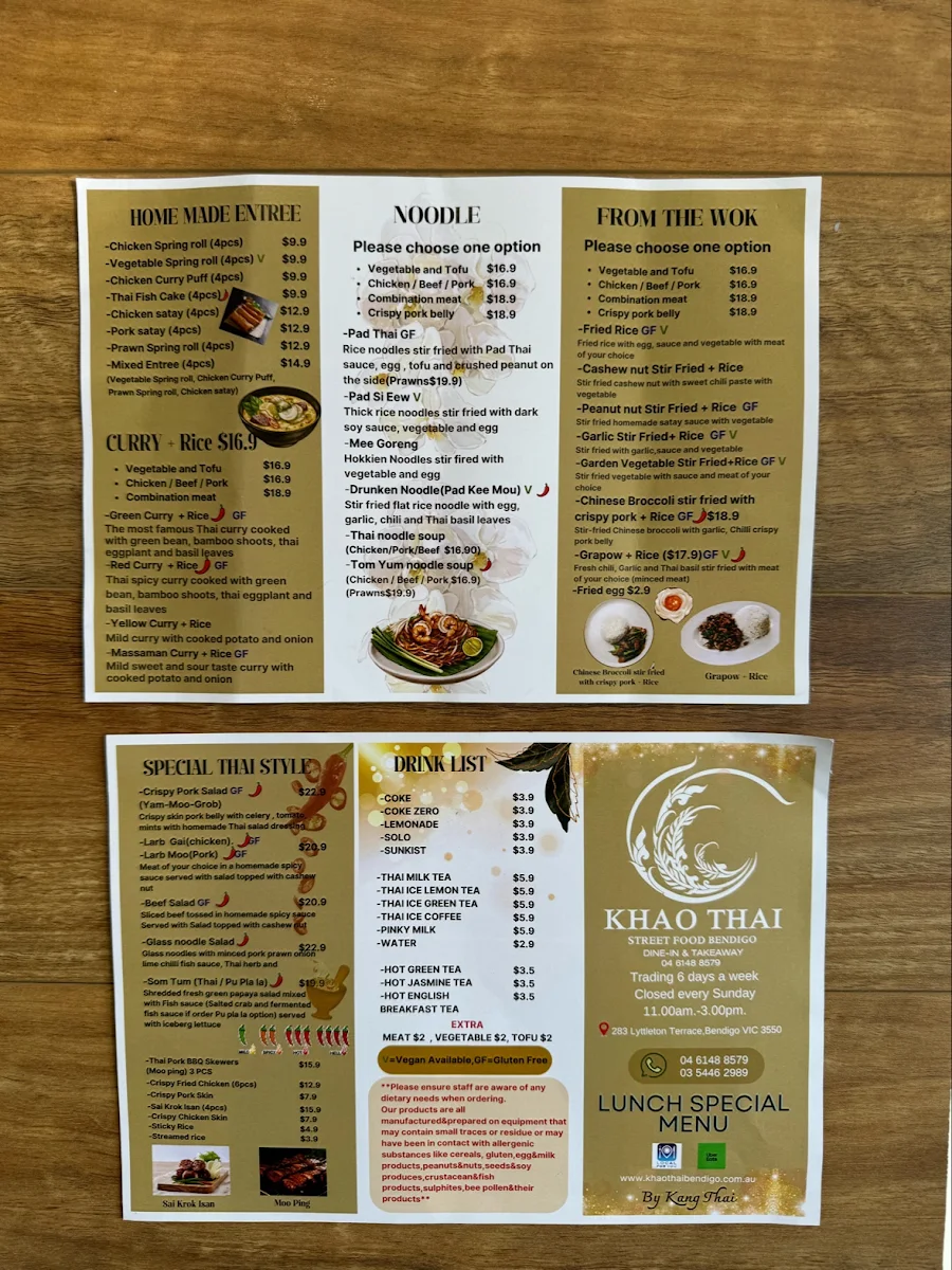 Menu, Khao Thai Street Food Bendigo