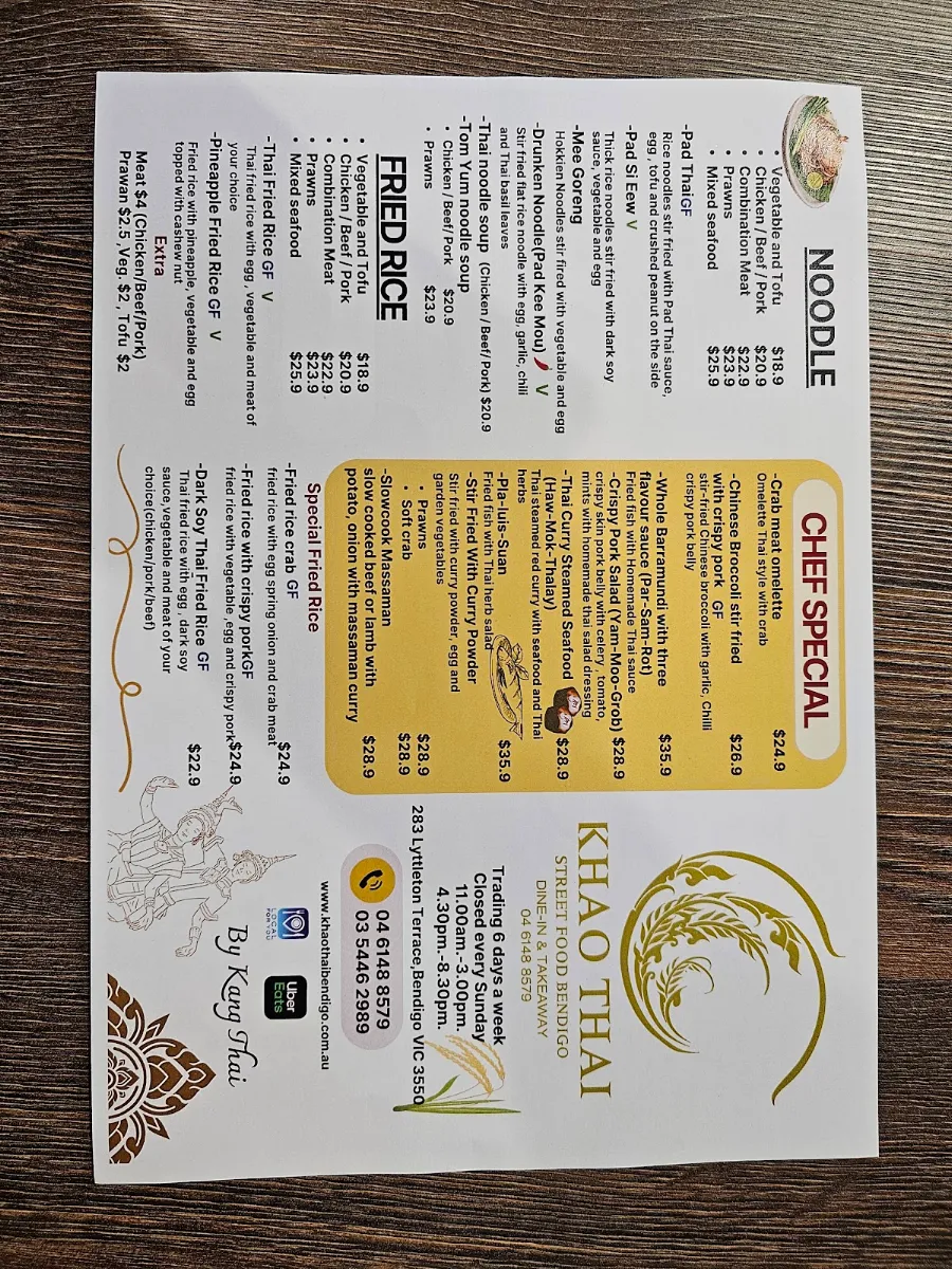 Menu, Khao Thai Street Food Bendigo