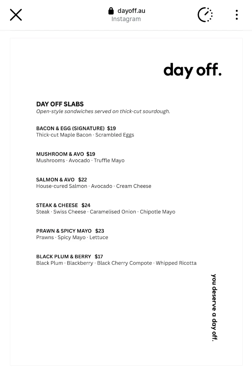 Menu, Day Off