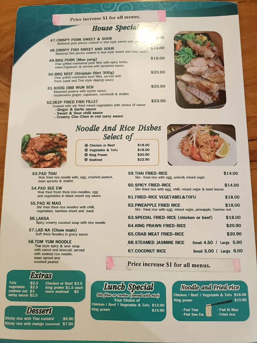 Menu, Yummy Thai at Wauchope