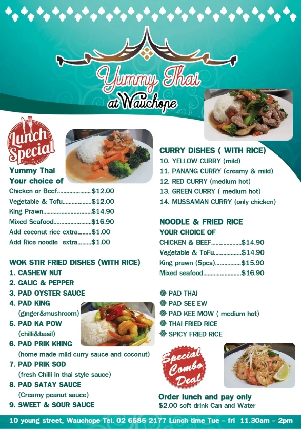 Menu, Yummy Thai at Wauchope