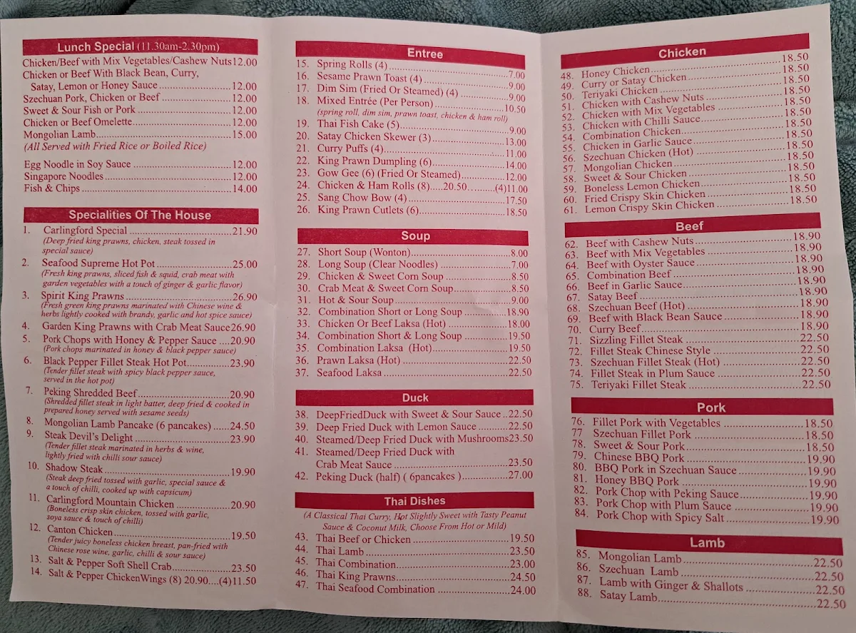 Menu, Carlingford Chinese Restaurant