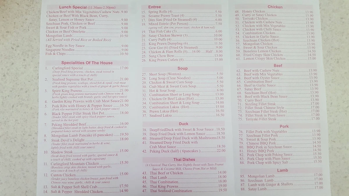 Menu, Carlingford Chinese Restaurant