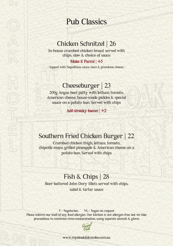 Menu, Royal Oak Hotel Lidcombe