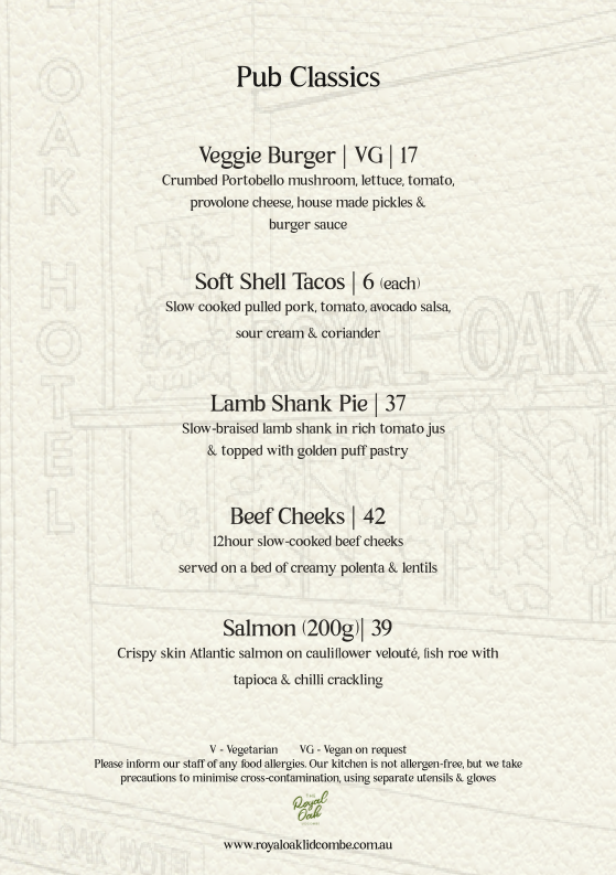 Menu, Royal Oak Hotel Lidcombe