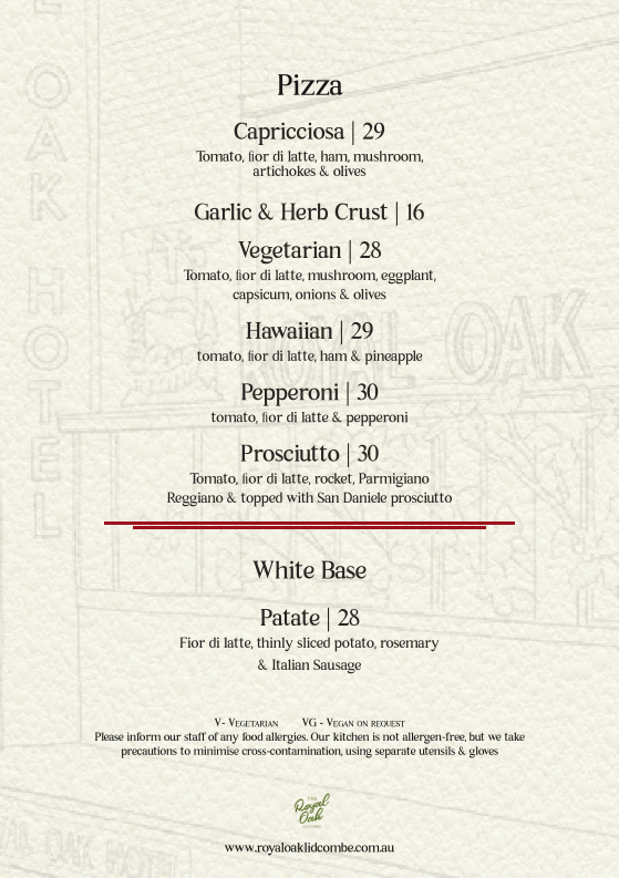 Menu, Royal Oak Hotel Lidcombe