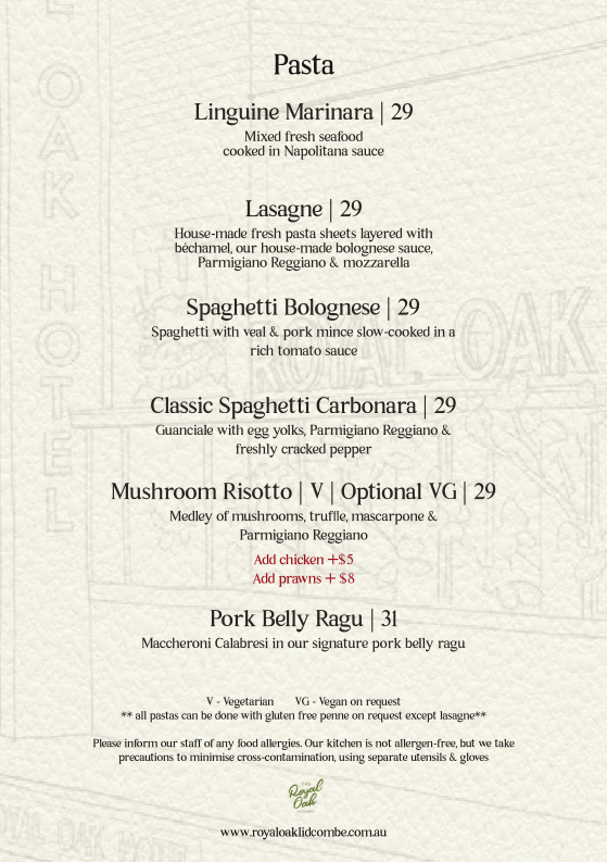 Menu, Royal Oak Hotel Lidcombe